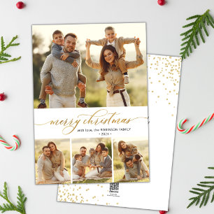 Gold Calligraphy Script 4 Photo Collage Christmas  Holiday Card