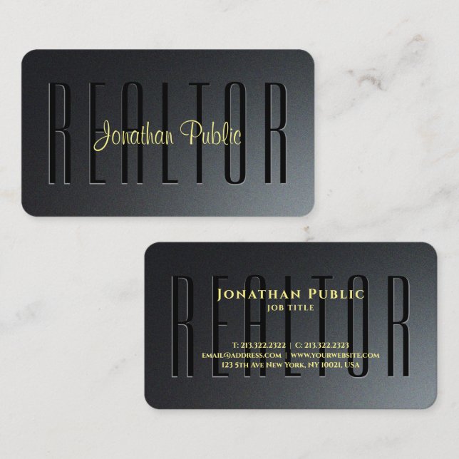 Gold Calligraphy Script Black & Grey Realtor Business Card (Front/Back)