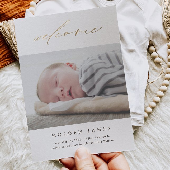 Gold Calligraphy Scripted Welcome Birth Announcement (Creator Uploaded)