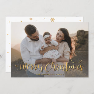 Gold Calligraphy Snowflake Photo Merry Christmas Holiday Card