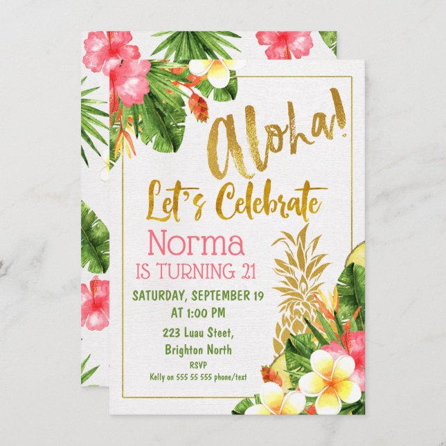 Gold Calligraphy Tropical Birthday Invitation (Front/Back)