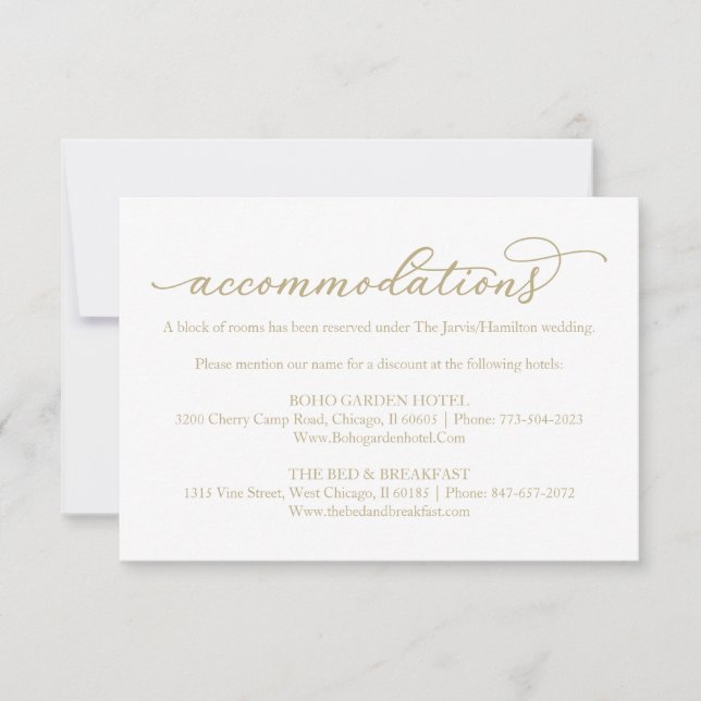 Gold Calligraphy Wedding Hotel Accommodations RSVP Card (Front)