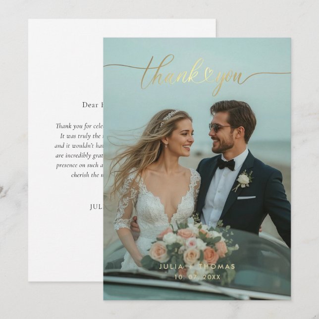 Gold Calligraphy Wedding Photo Thank You Card (Front/Back)