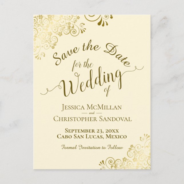 Gold Calligraphy Wedding Save the Date Cream Announcement Postcard (Front)