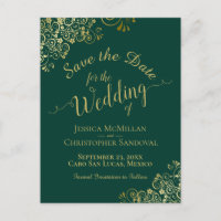 Gold Calligraphy Wedding Save the Date Emerald