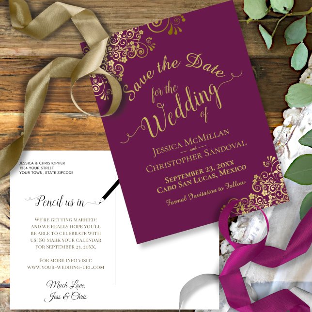 Gold Calligraphy Wedding Save the Date Magenta Announcement Postcard (Creator Uploaded)