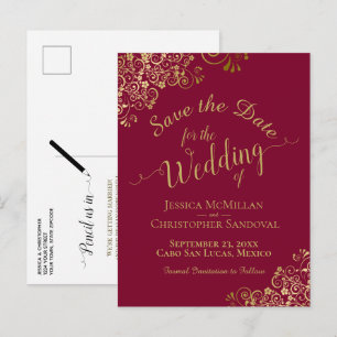 Gold Calligraphy Wedding Save the Date Maroon Announcement Postcard