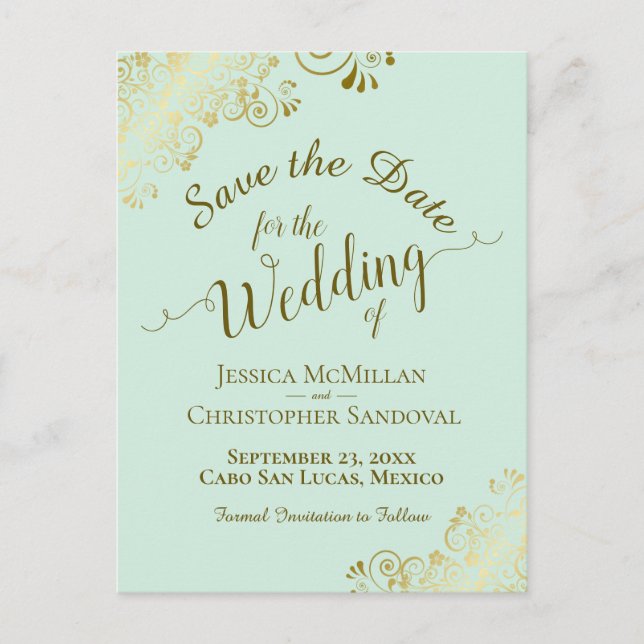 Gold Calligraphy Wedding Save the Date Mint Green Announcement Postcard (Front)