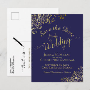 Gold Calligraphy Wedding Save the Date Navy Blue Announcement Postcard