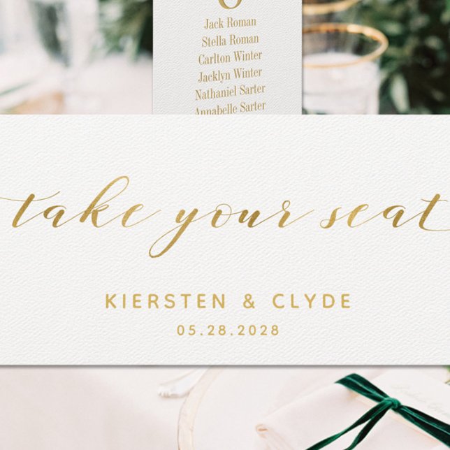 Gold Calligraphy Wedding Take Your Seat Top Card (Gold Calligraphy Seating Chart Top Card)