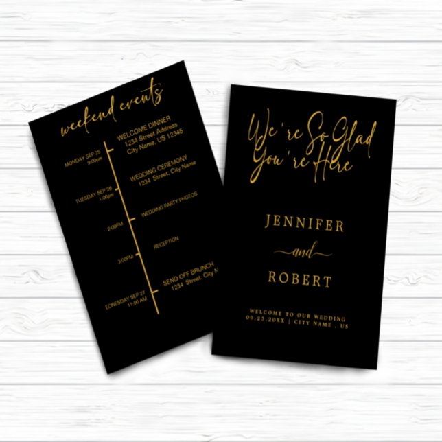 Gold Calligraphy wedding weekend events card (wedding weekend events card)