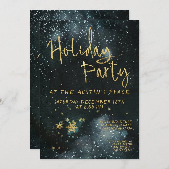 Gold Calligraphy Winter Night Holiday Party Invitation (Front/Back)