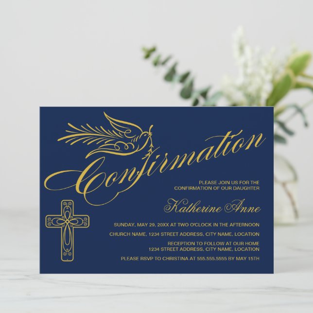 Gold Calligrigraphy Confirmation Cross and Dove Invitation (Standing Front)