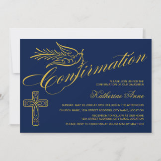 Gold Calligrigraphy Confirmation Cross and Dove Invitation