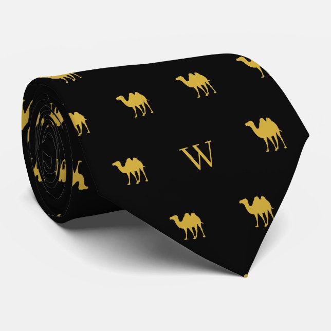 Gold Camel Humpday Monogram Initials Black Tie (Rolled)
