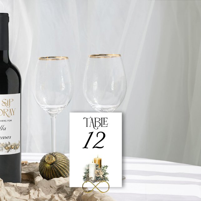 Gold Candle and Holly Christmas Wedding Table Number (Table Number from the Holly Bells Wedding Collection by Darling and May)