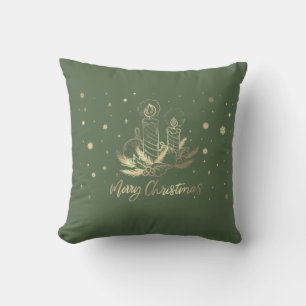 Gold Candle,Balls,Pine Tree Branches, Holiday Cushion