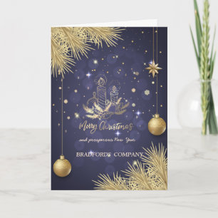 Gold Candle,Balls,Pine Tree BranchesSnowflakes Holiday Card