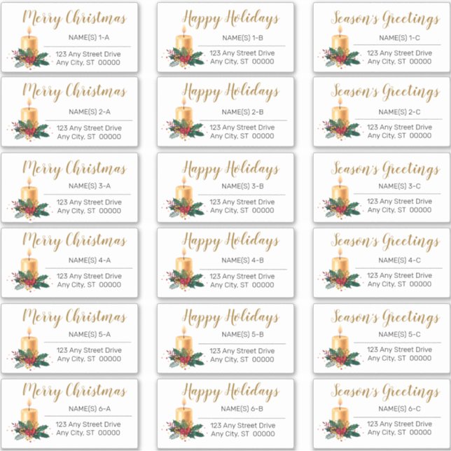 Gold Candle Flora Christmas Holiday Address Labels (Front)
