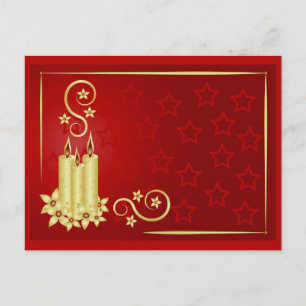 gold candles, flowers and swirls on red background postcard