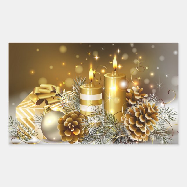 Gold Candles Merry Christmas Holiday Rectangular Sticker (Front)
