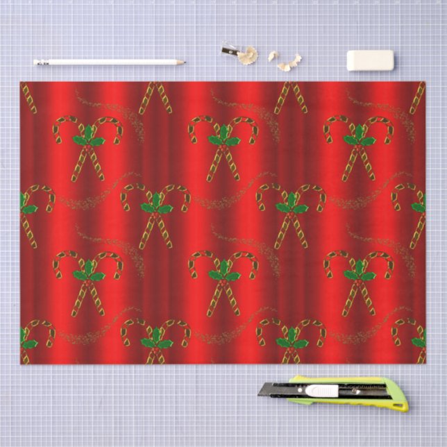 Gold Candy Canes and Holly on Red Christmas Tissue Paper (Craft)