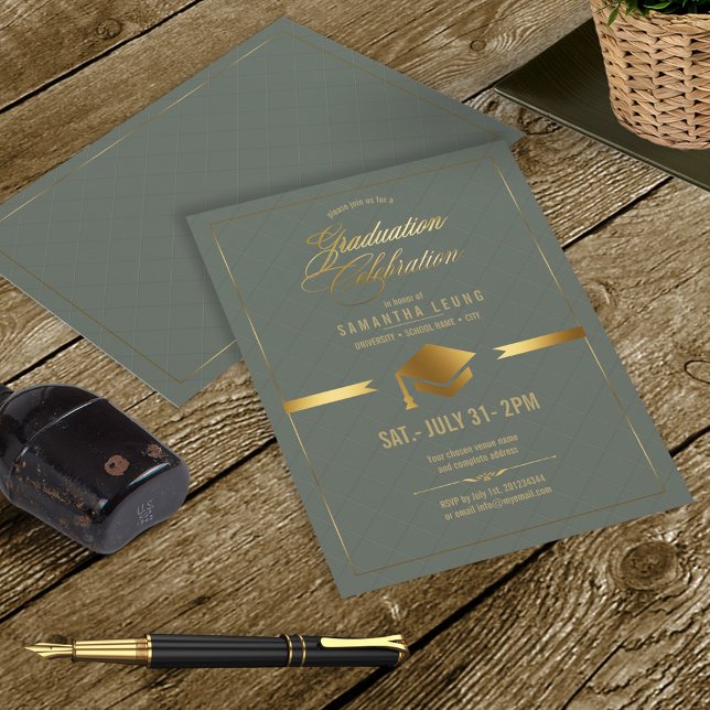 Gold Cap Graduation Sage Green ID834 Invitation (Creator Uploaded)