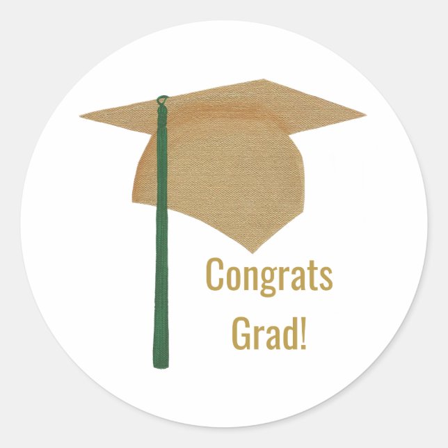 Gold Cap Green Tassel Congrats Grad Graduation Classic Round Sticker (Front)