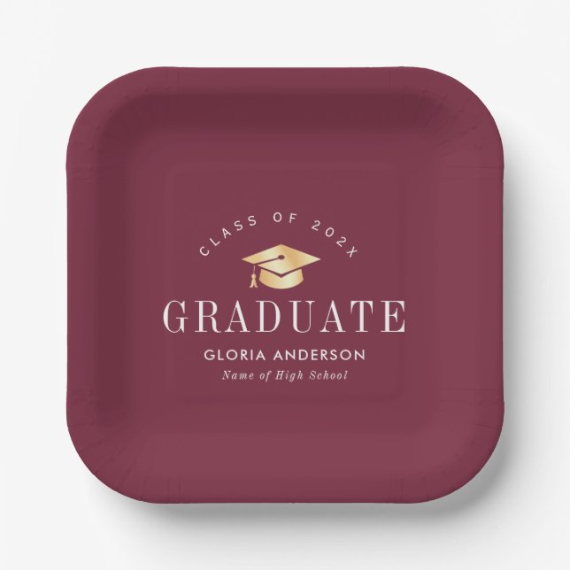 gold cap Maroon Graduation Paper Plate (Front)