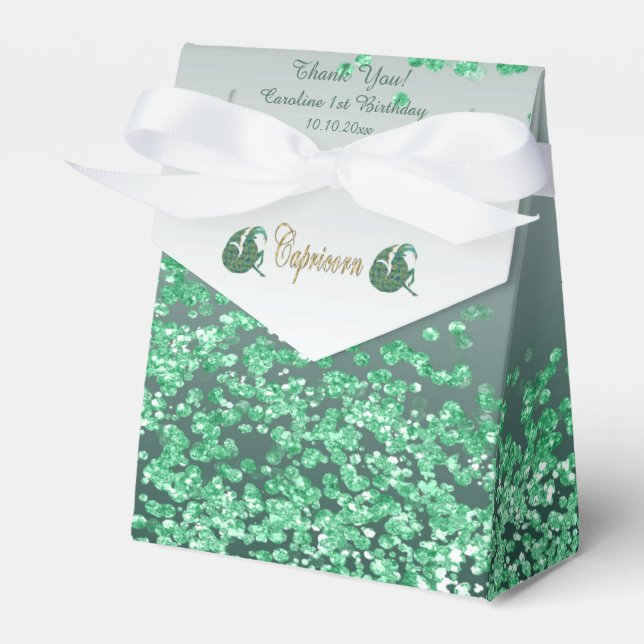 Gold Capricorn & Green Glitter Birthday Favour Box (Front Side)