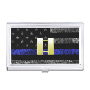(Gold) Captain Thin Blue Line Distressed Flag Business Card Holder