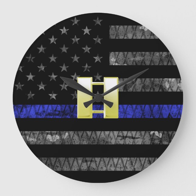 (Gold) Captain Thin Blue Line Distressed Flag Large Clock (Front)