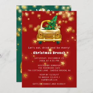 Gold Car Merry Christmas Brunch Dinner Red Green Invitation