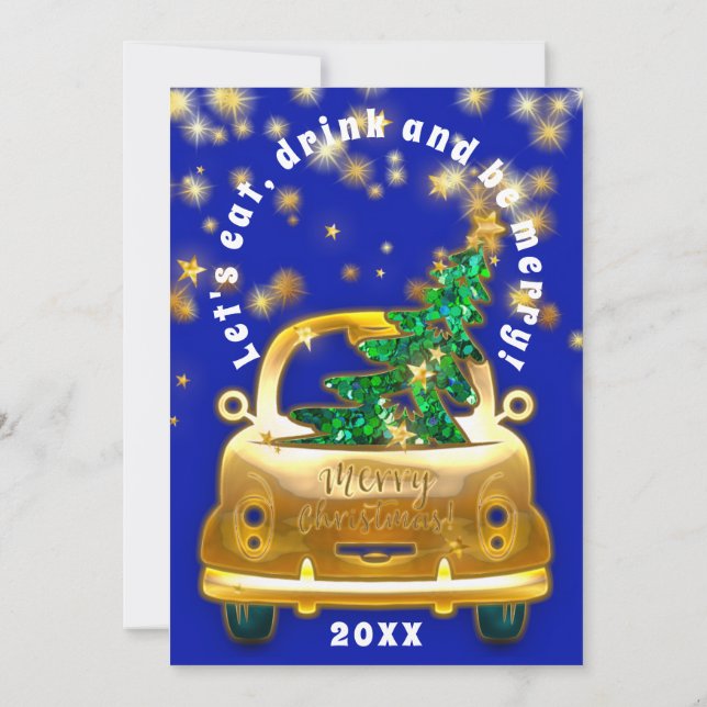 Gold Car Merry Christmas Brunch Dinner Star Blue Invitation (Back)