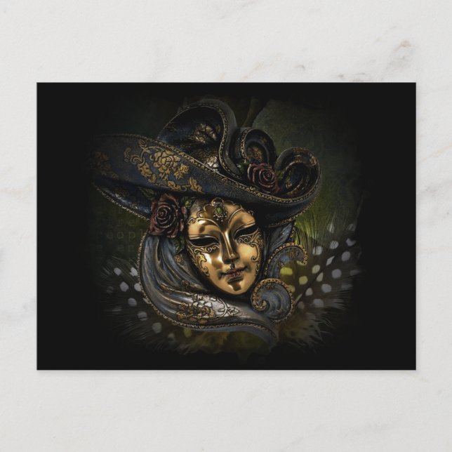 Gold carnival mask with blue hat and feathers postcard (Front)