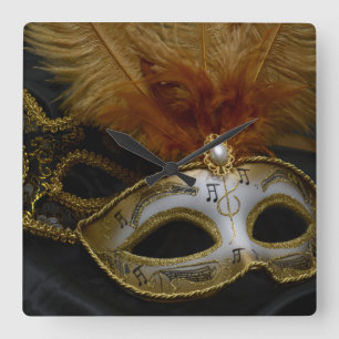 Gold Carnival Venetian Mask Masquerade Square Wall Clock