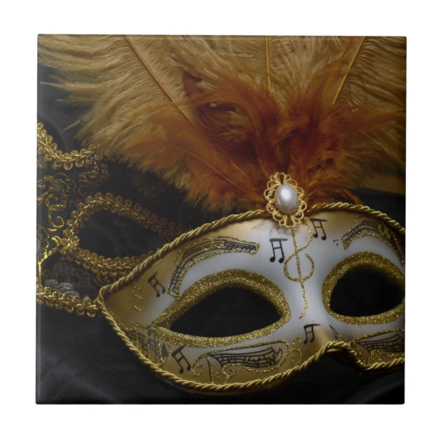 Gold Carnival Venetian Mask Masquerade Tile (Front)