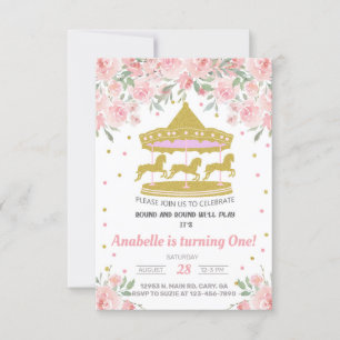 Gold carousel girl first 1st birthday invitation. invitation