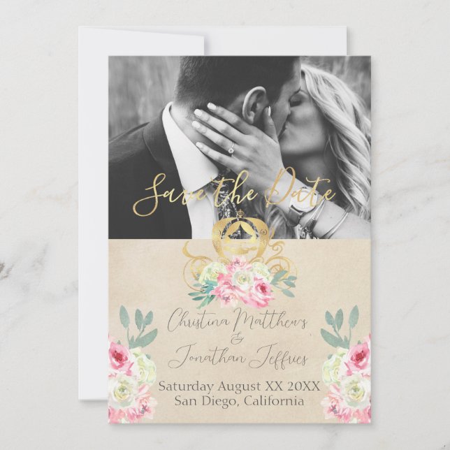 Gold Carriage and Pink Flowers Fairy Tale Wedding Save The Date (Front)