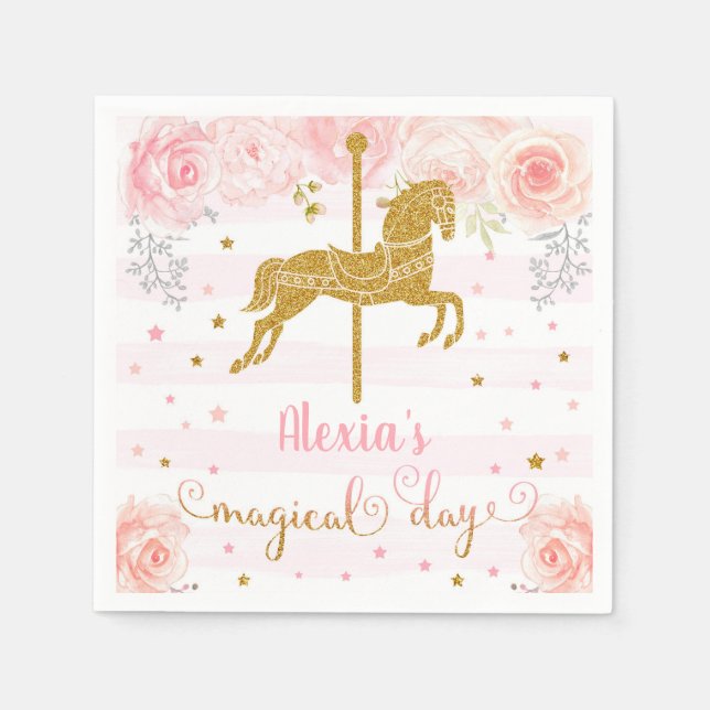 Gold carrousel girl birthday paper napkins. napkin (Front)