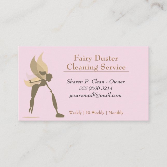 Gold Cartoon Fairy Girl House Cleaning Service Business Card (Front)