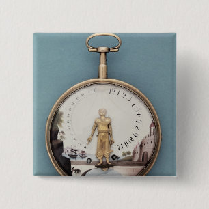 Gold cased bras-en-l'air pocket watch 15 cm square badge
