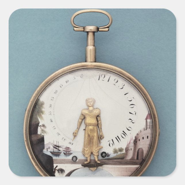 Gold cased bras-en-l'air pocket watch square sticker (Front)