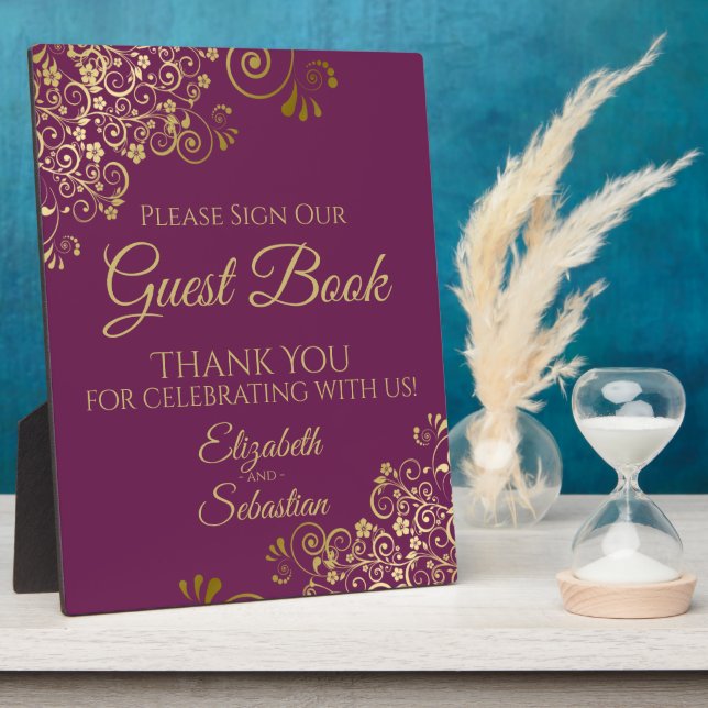Gold & Cassis Purple Sign Our Guest Book Wedding Plaque (Side)