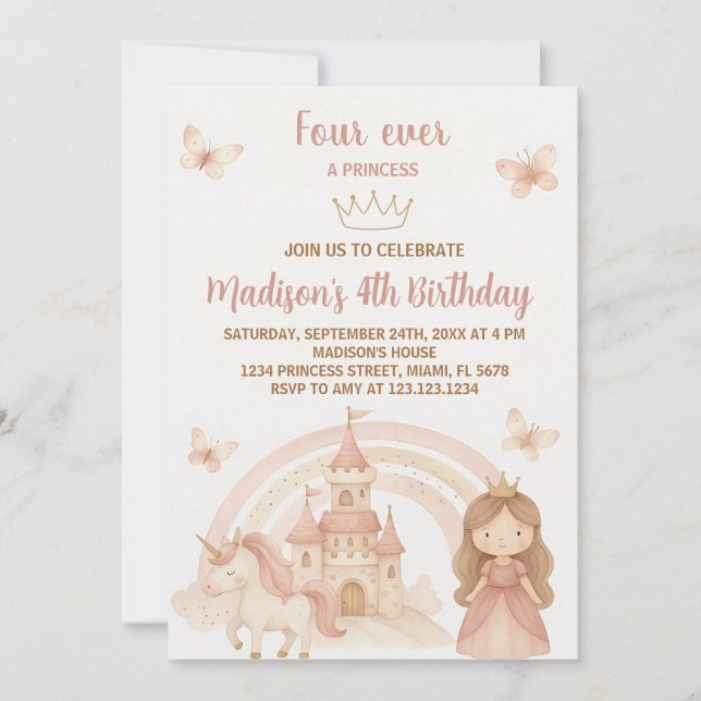 Gold Castle & Unicorn Party Invite (Front)