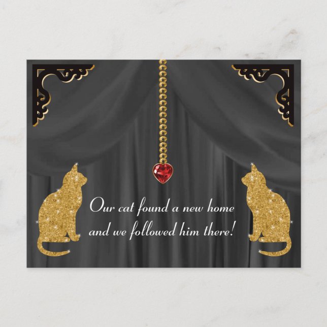 Gold Cat, Black Silk & Heart Jewels for New Home Announcement Postcard (Front)