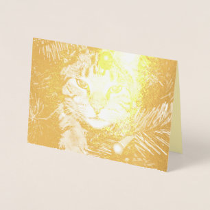 Gold Cat in Tree Fun Purr-fect Perfect Christmas Foil Card