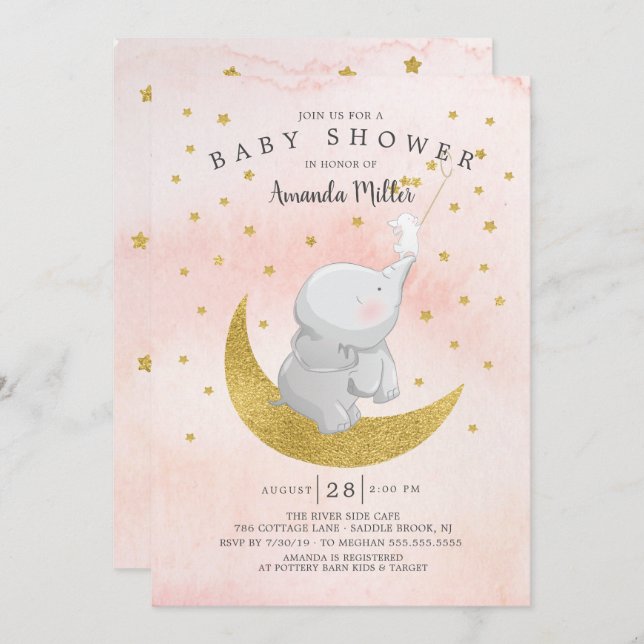 Gold Catch A Star Bunny Elephant Baby Girl Shower Invitation (Front/Back)