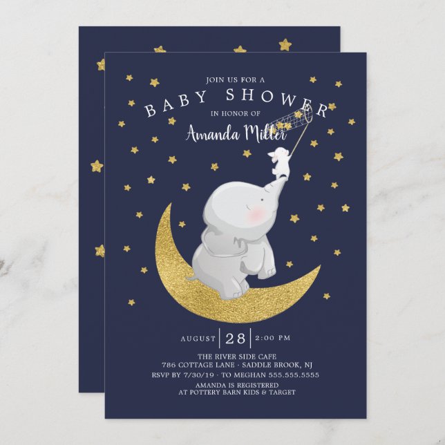 Gold Catch A Star Bunny Elephant Baby Shower Invitation (Front/Back)