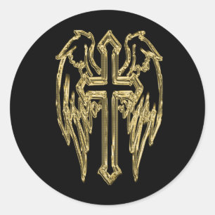 Gold catholic cross with wings classic round sticker